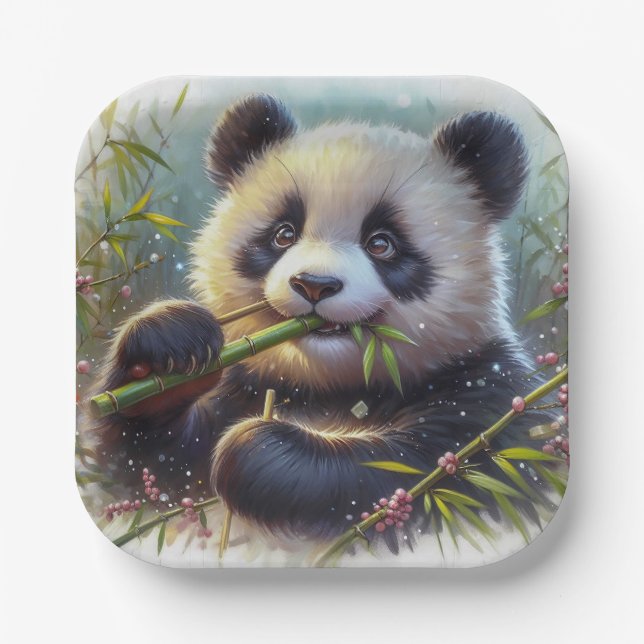 Assiettes En Carton Adorable Ours De Panda Mangeant Bambou (Recto)
