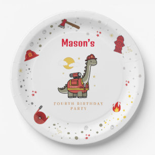 Assiettes En Carton Adorable pompier Dino anniversaire
