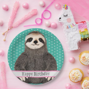 Assiettes En Carton Adorable Sloth Turquoise L'heureux animal d'annive