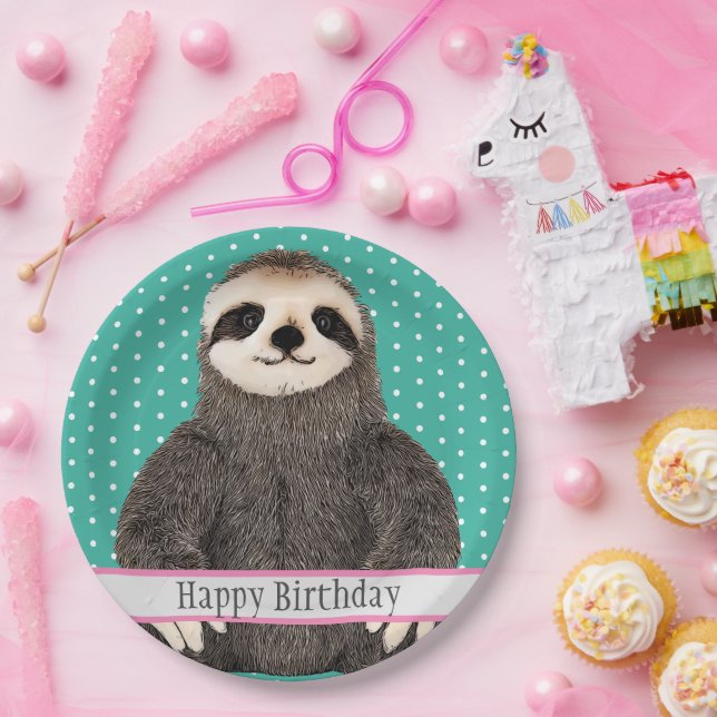 Assiettes En Carton Adorable Sloth Turquoise L'heureux animal d'annive (Fête)