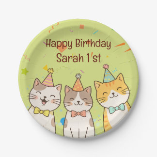 Assiettes En Carton Adorable Trio of Birthday Cats | Custom Name & Age