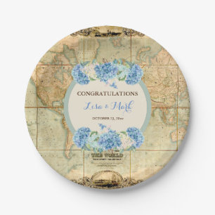 Assiettes En Carton Adventure Await Vintage World Map Blue Hydrangeas