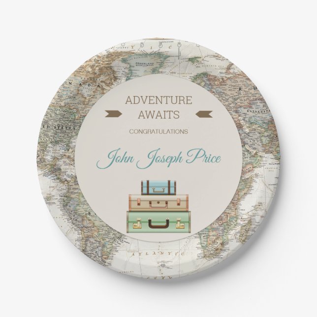 Assiettes En Carton Adventure Await World Travel Map Moderne (Devant)