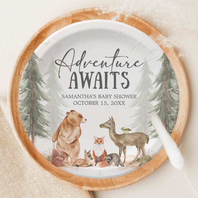 Assiettes En Carton Adventure Awaits Woodland Baby Shower (Woodland Baby Shower Paper Plate)