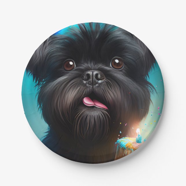 Assiettes En Carton Affenpinscher fête le gâteau des ballons d'anniver (Devant)