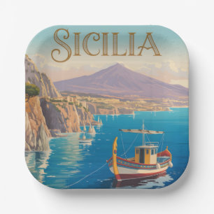 Assiettes En Carton Affiche de voyage de style vintage pour la Sicile