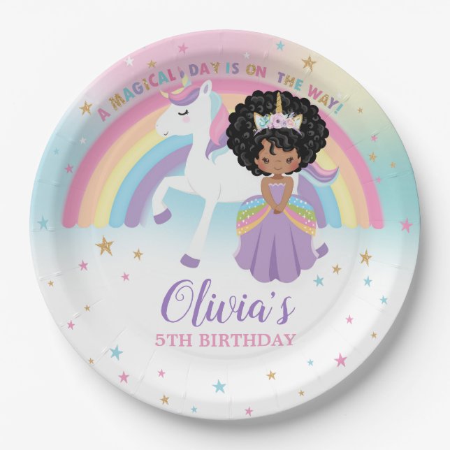Assiettes En Carton African Princess & Unicorn Anniversaire Party Rain (Devant)