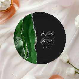 Assiettes En Carton Agate Geode Hunter Vert Argent Mariage foncé
