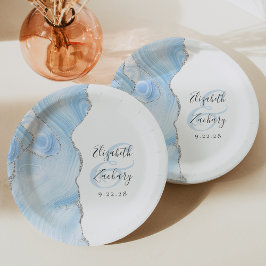 Assiettes En Carton Agate Geode Script Bébé Bleu Mariage argent