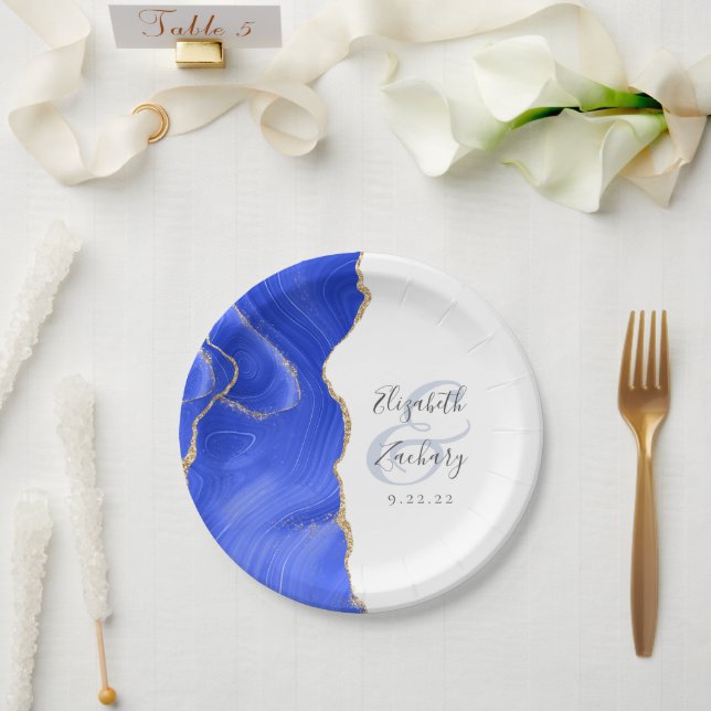 Assiettes En Carton Agate Geode Script Royal Blue Gold Mariage (Mariage)