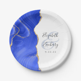 Assiettes En Carton Agate Geode Script Royal Blue Gold Mariage