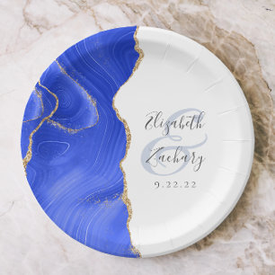 Assiettes En Carton Agate Geode Script Royal Blue Gold Mariage