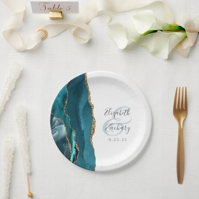 Assiettes En Carton Agate Geode Script Turquoise Gold Mariage (Mariage)