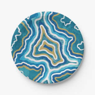 Assiettes En Carton Agate graphique en or bleu