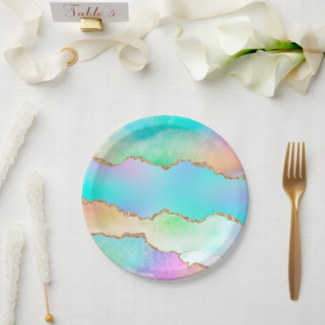 Assiettes En Carton Agate Holo | Faux Iridescente Pastel Ombre Marble (Mariage)