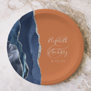 Assiettes En Carton Agate Marine Bleu Argent Brûlé Orange Mariage