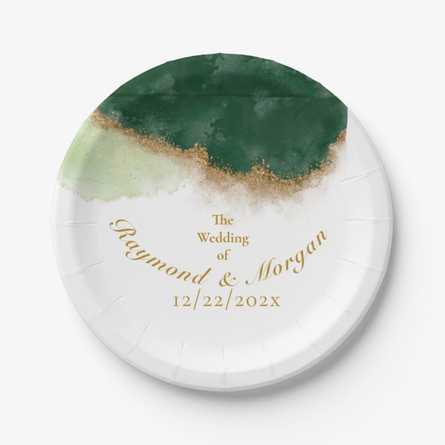 Assiettes En Carton Agate moderne Vert & Mariage Or (Devant)