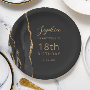 Assiettes En Carton Agate Noire Or Anniversaire 18 Ans Sombre