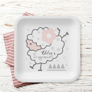 Assiettes En Carton Agneau à saut simple rose et blanc 1er anniversair