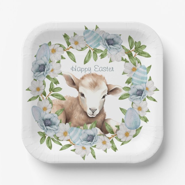 Assiettes En Carton Agneau de Pâques personnalisé à l'aquarelle (Recto)