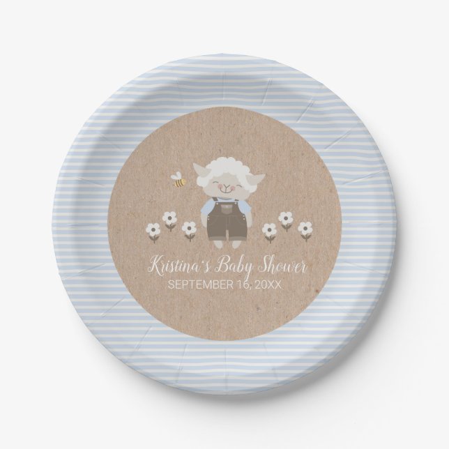 Assiettes En Carton Agneau garçon mignet Baby shower Kraft bleu (Devant)