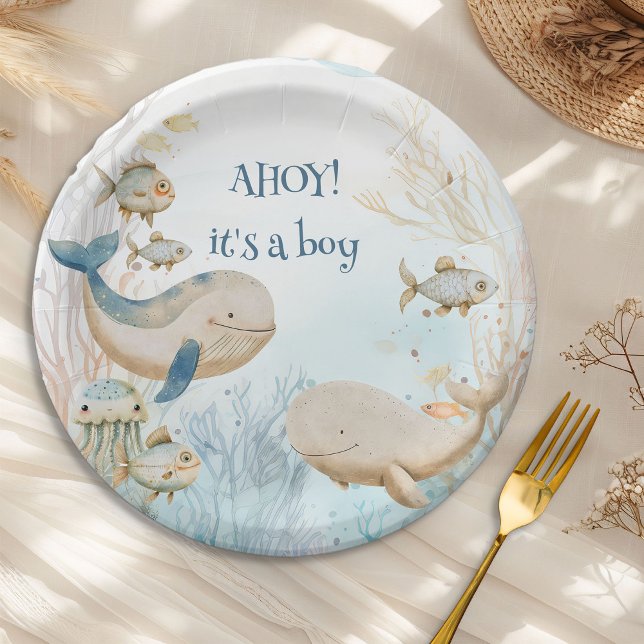Assiettes En Carton Ahoy c'est un Boy Ocean Life Whale Baby shower (Ahoy its a Boy paper plates from the Whale Baby Shower Collection by Darling & May)