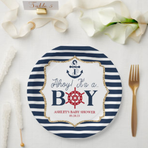 Assiettes En Carton Ahoy C'est un garçon Baby shower bleu marine nauti
