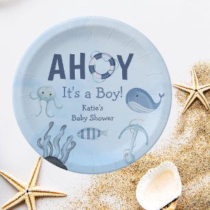 Assiettes En Carton Ahoy C'est un garçon Baby shower côtier d'animaux 