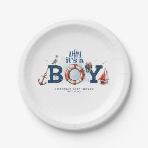 Assiettes En Carton Ahoy C'est un garçon Baby shower nautique