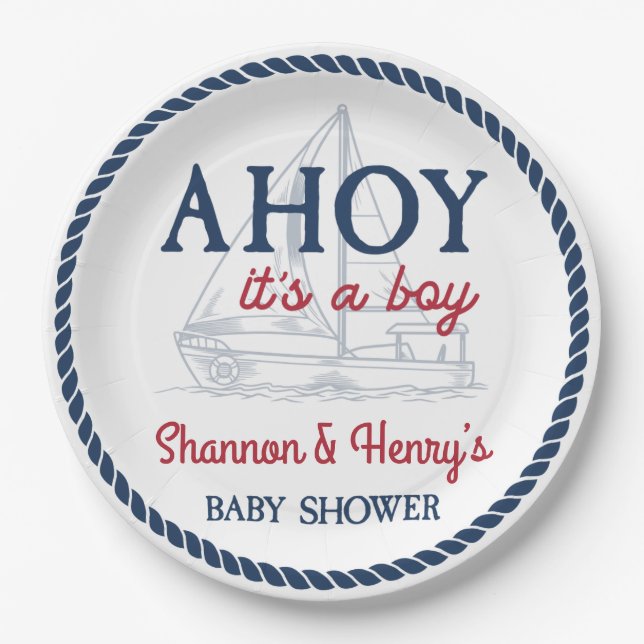 Assiettes En Carton Ahoy C'est un garçon Baby shower nautique (Devant)