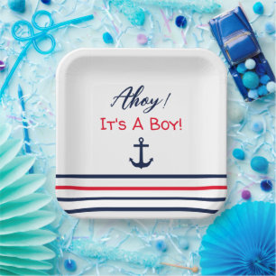 Assiettes En Carton Ahoy C'est un garçon ! Baby shower nautique