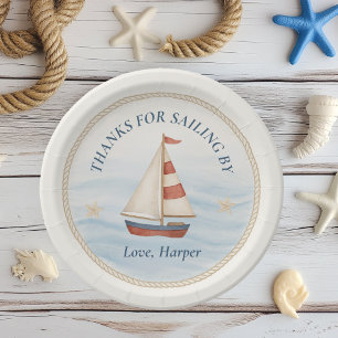 Assiettes En Carton Ahoy Nautical Voilier Anniversaire Bleu et rouge