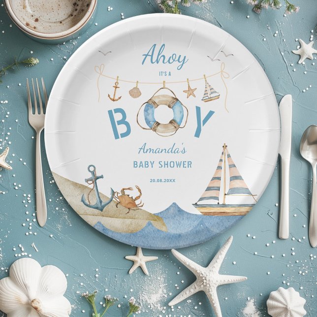 Assiettes En Carton Ahoy nautique C'est un Baby shower garçon (Créateur téléchargé)