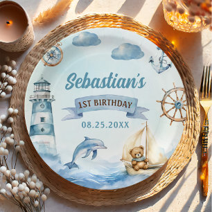 Assiettes En Carton Ahoy Sailor Nautical Boat Blue 1er anniversaire