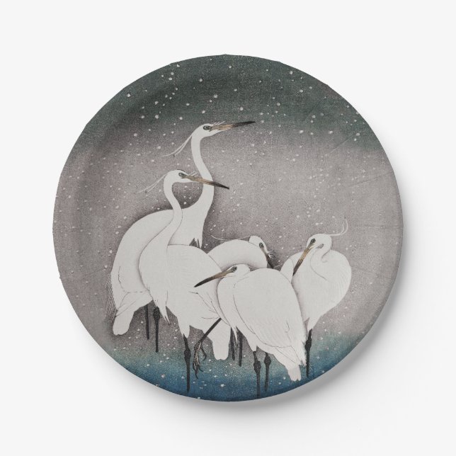 Assiettes En Carton Aigrettes japonaises Grues Koson Neige d'hiver (Devant)