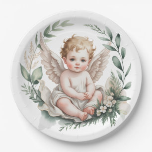Assiettes En Carton Ailes d'ange à l'aquarelle Baptême