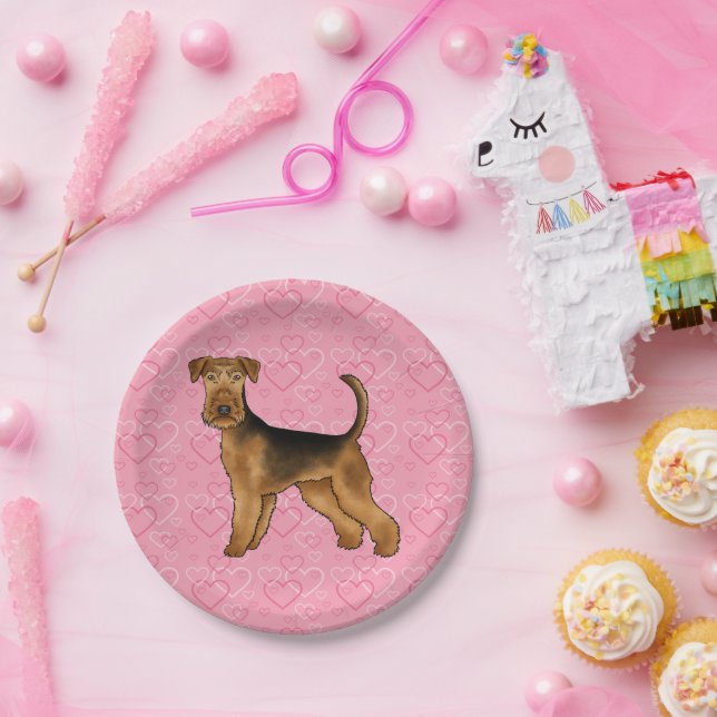 Assiettes En Carton Airedale Terrier Chien Aimer Avec Motif Coeur Rose (Fête)