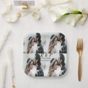 Assiettes En Carton Ajouter couple photo merisier marié ajouter date a