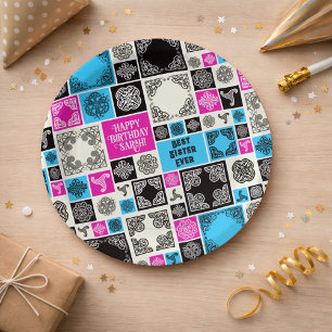 Assiettes En Carton Ajouter Nom & Relation Anniversaire Magenta & Bleu