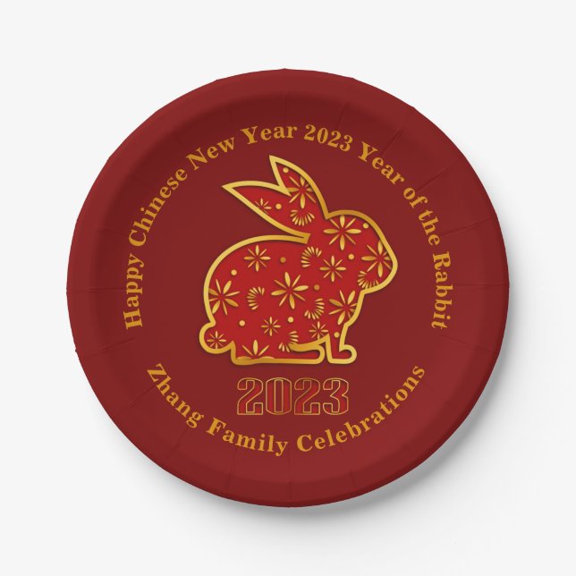 Assiettes En Carton Ajouter un nom Nouvel An Chinois 2023 Lapin Rouge  (Devant)