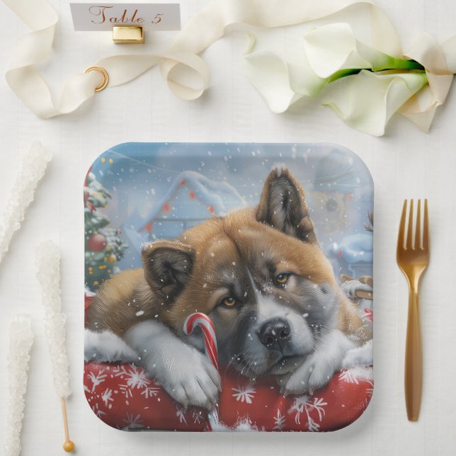 Assiettes En Carton Akita Chien Festive de Noël (Mariage)