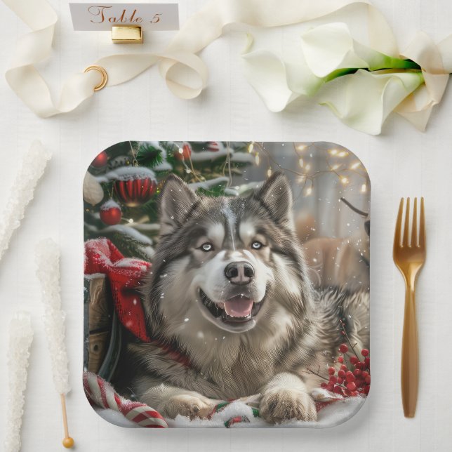 Assiettes En Carton Alaskan Malamute Chien Fête de Noël (Mariage)