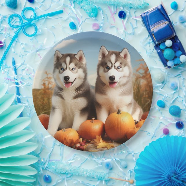 Assiettes En Carton Alaskan Malamute Chiot Automne Citrouille délice (Fête)