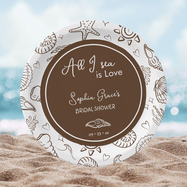 Assiettes En Carton All I Sea is Love Brown Seashells Doodles  (Créateur téléchargé)