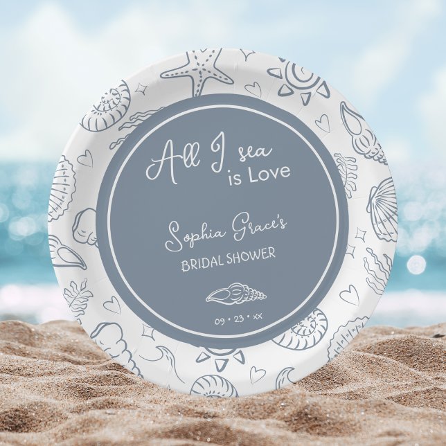 Assiettes En Carton All I Sea is Love Dusty Blue Seashells Doodles  (Créateur téléchargé)