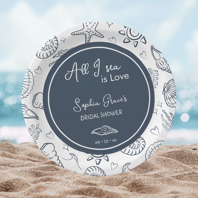 Assiettes En Carton All I Sea is Love Navy Blue Seashells Doodles  (Créateur téléchargé)