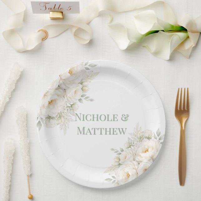 Assiettes En Carton All White Floral Wedding (Mariage)