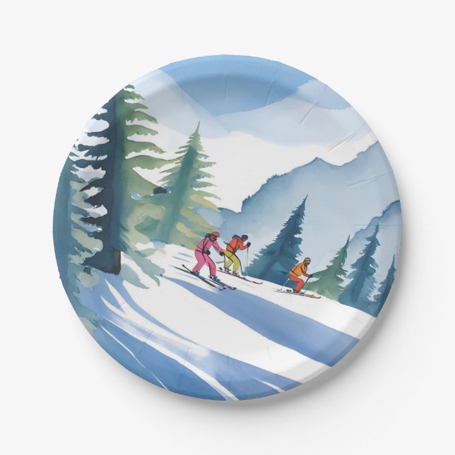 Assiettes En Carton Allons Ski | Aquarelle d'hiver (Devant)