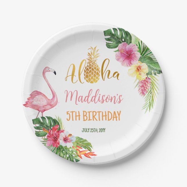 Assiettes En Carton Aloha Anniversaire ananas Flamant rose tropical fl (Devant)