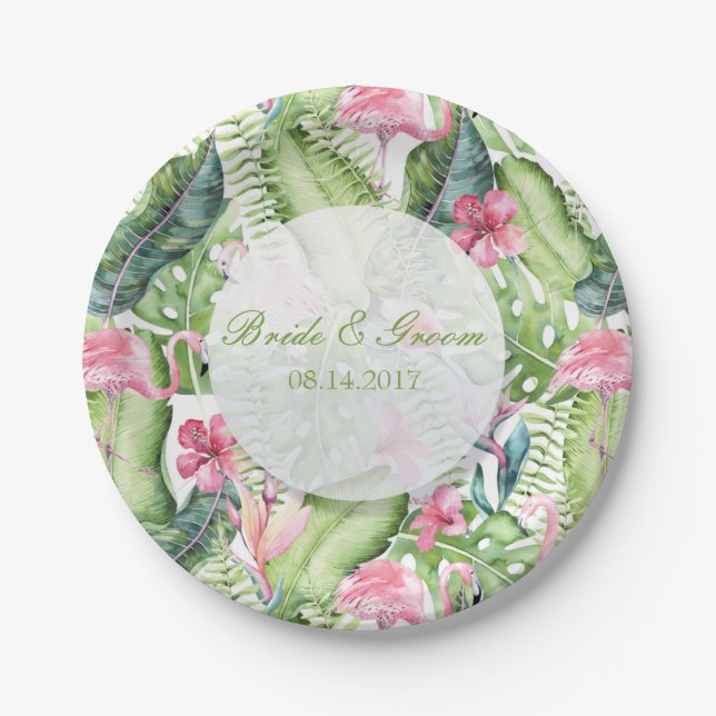 Assiettes En Carton Aloha Flamant rose Plage tropicale Mariage (Devant)